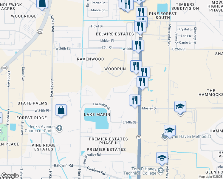 map of restaurants, bars, coffee shops, grocery stores, and more near 2955 Palmetto Ridge Way in Lynn Haven