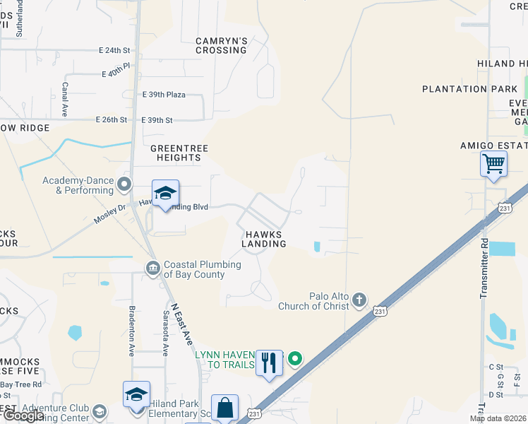 map of restaurants, bars, coffee shops, grocery stores, and more near 2908 North Hawks Landing Boulevard in Panama City