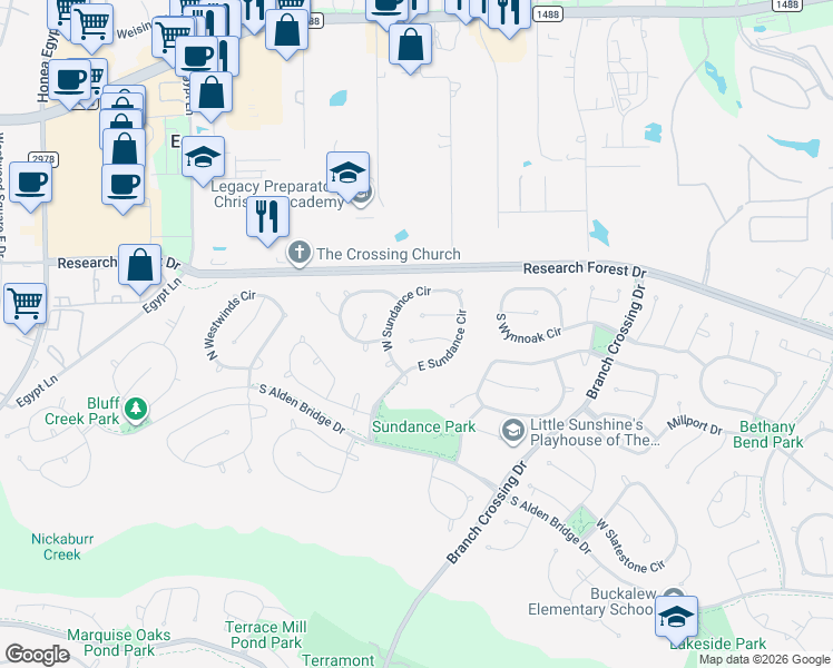 map of restaurants, bars, coffee shops, grocery stores, and more near 195 West Sundance Circle in Spring