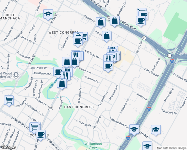map of restaurants, bars, coffee shops, grocery stores, and more near 304 Rowland Drive in Austin