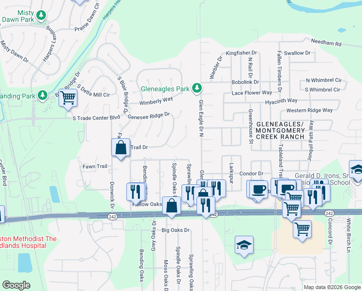 map of restaurants, bars, coffee shops, grocery stores, and more near 6349 Sandy Oaks Drive in Conroe