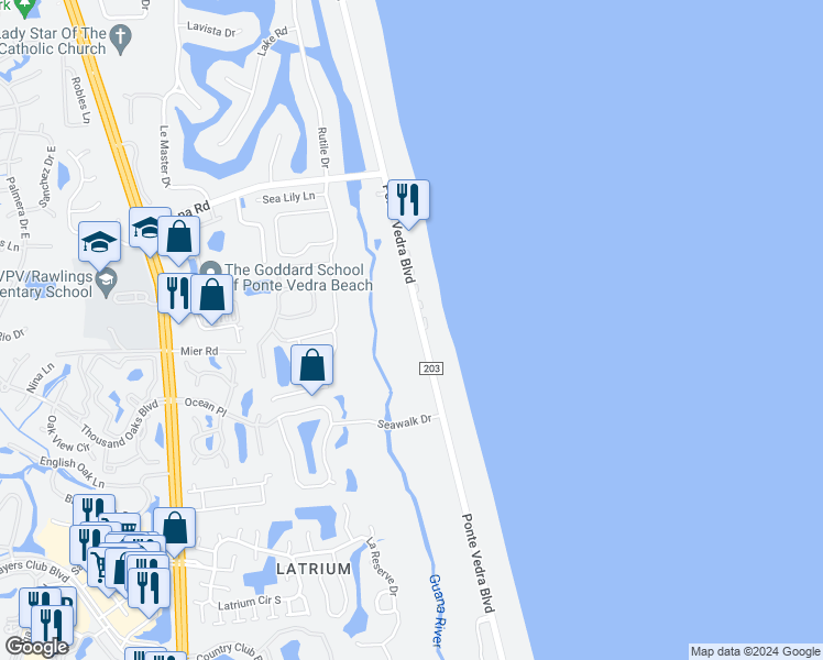 map of restaurants, bars, coffee shops, grocery stores, and more near 655 Ponte Vedra Boulevard in Ponte Vedra Beach