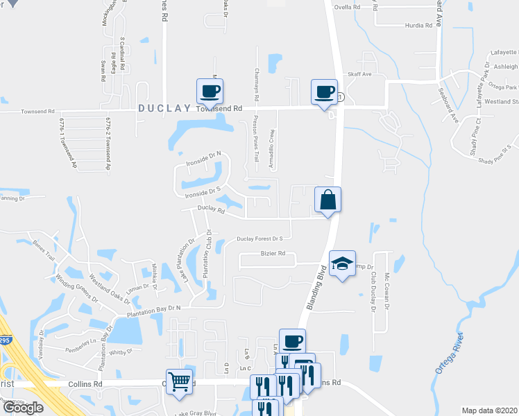 map of restaurants, bars, coffee shops, grocery stores, and more near 6202 Duclay Road in Jacksonville