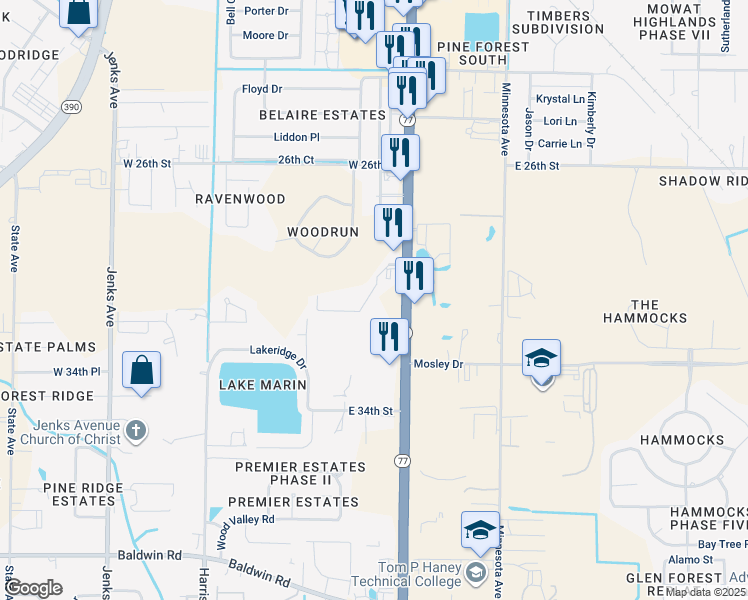 map of restaurants, bars, coffee shops, grocery stores, and more near 2929 Palmetto Ridge Way in Lynn Haven