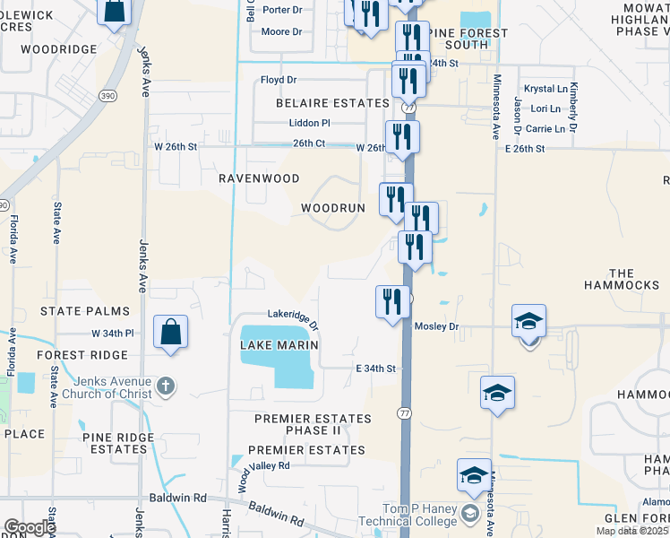 map of restaurants, bars, coffee shops, grocery stores, and more near 2945 Palmetto Ridge Way in Lynn Haven