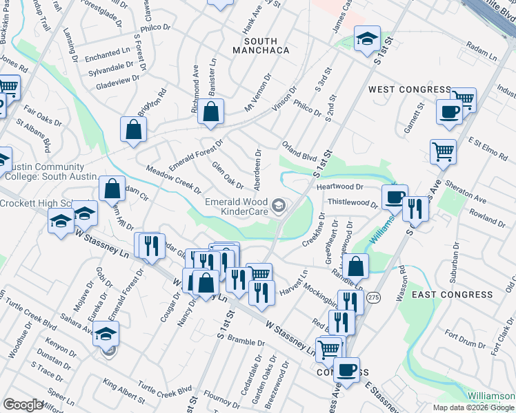 map of restaurants, bars, coffee shops, grocery stores, and more near 5105 Meadow Creek Drive in Austin