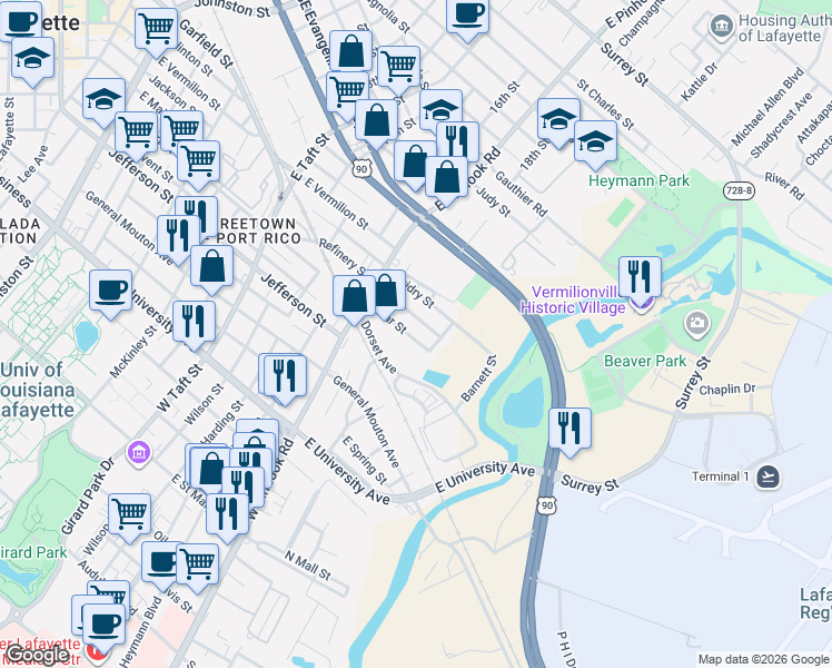map of restaurants, bars, coffee shops, grocery stores, and more near 105 Dorset Avenue in Lafayette