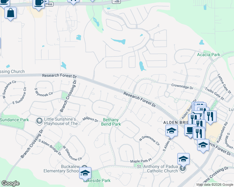 map of restaurants, bars, coffee shops, grocery stores, and more near 55 Harvest Wind Place in Spring