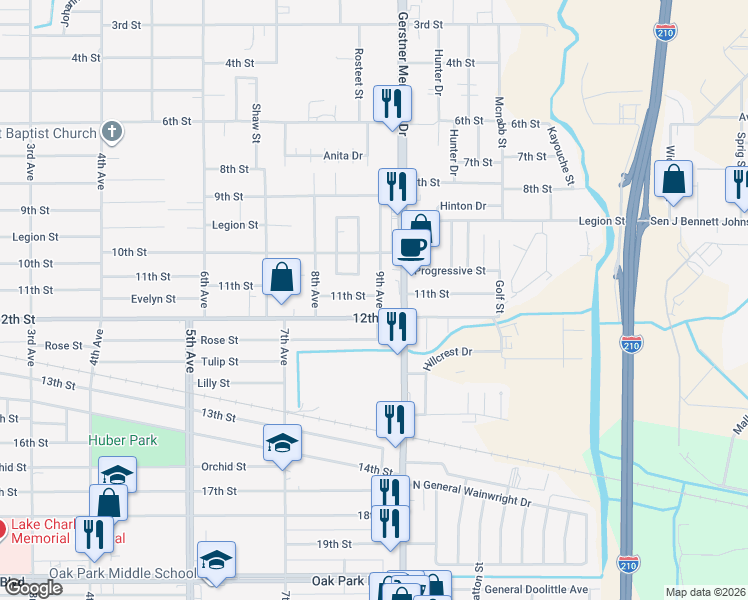 map of restaurants, bars, coffee shops, grocery stores, and more near 2446 12th St in Lake Charles