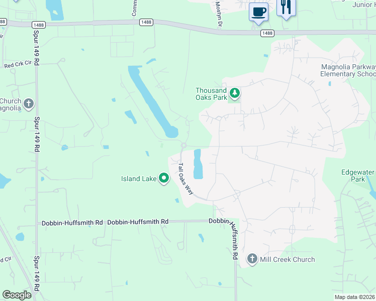 map of restaurants, bars, coffee shops, grocery stores, and more near 32527 Tall Oaks Way in Magnolia