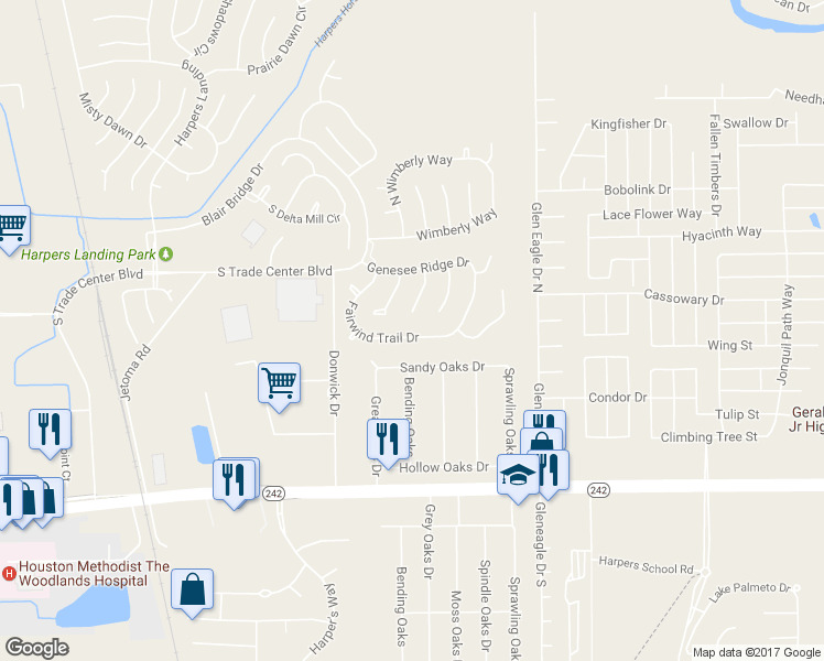 map of restaurants, bars, coffee shops, grocery stores, and more near 174 Fairwind Trail Drive in Conroe