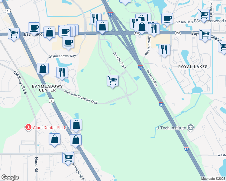 map of restaurants, bars, coffee shops, grocery stores, and more near 8900 Prominence Parkway in Jacksonville