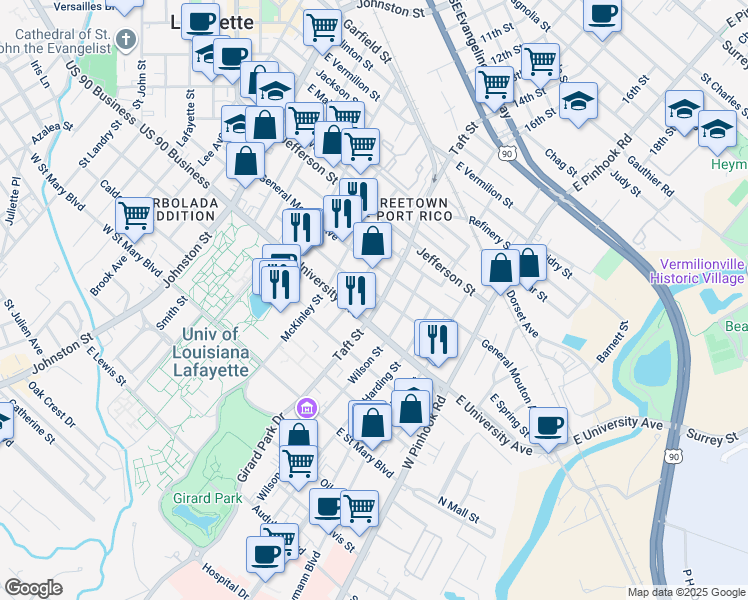 map of restaurants, bars, coffee shops, grocery stores, and more near 311 Roosevelt Street in Lafayette