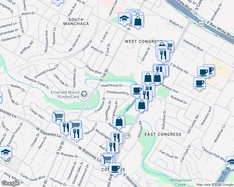 map of restaurants, bars, coffee shops, grocery stores, and more near 411 Heartwood Drive in Austin