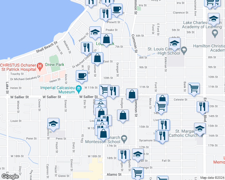 map of restaurants, bars, coffee shops, grocery stores, and more near 410 11th Street in Lake Charles