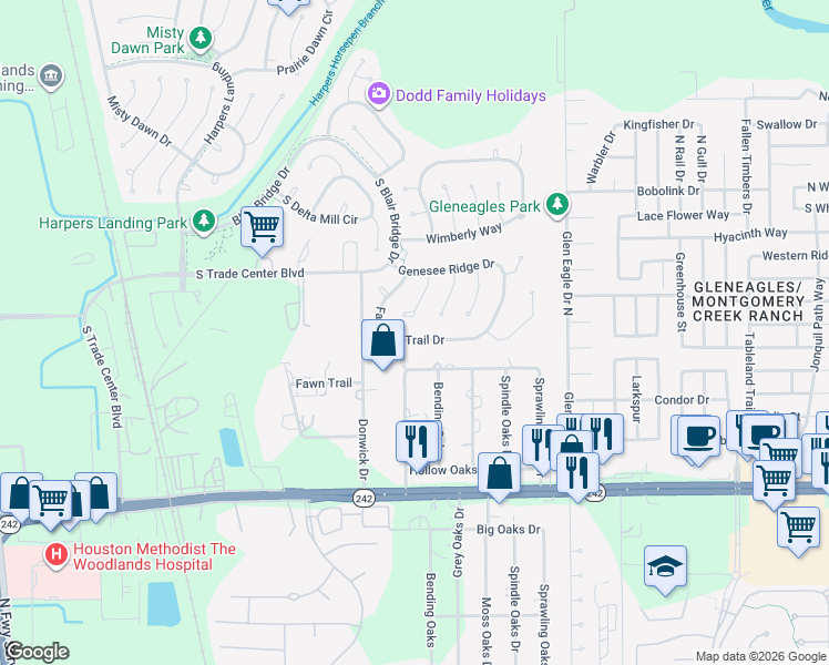 map of restaurants, bars, coffee shops, grocery stores, and more near 198 Fairwind Trail Drive in Conroe