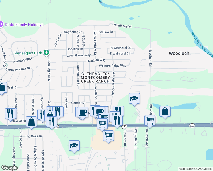 map of restaurants, bars, coffee shops, grocery stores, and more near 9920 Cassowary Drive in Conroe