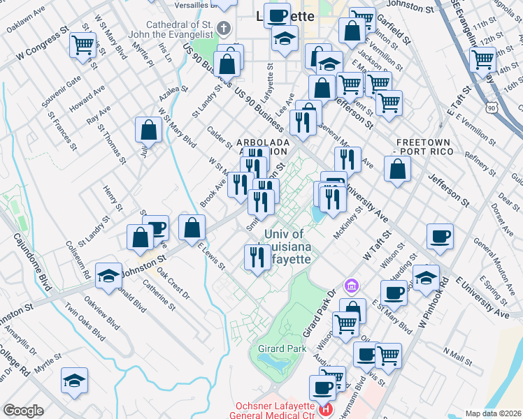 map of restaurants, bars, coffee shops, grocery stores, and more near in Lafayette