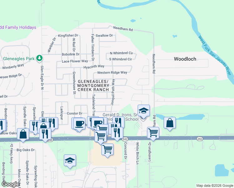 map of restaurants, bars, coffee shops, grocery stores, and more near 9960 Yearling Place in Conroe