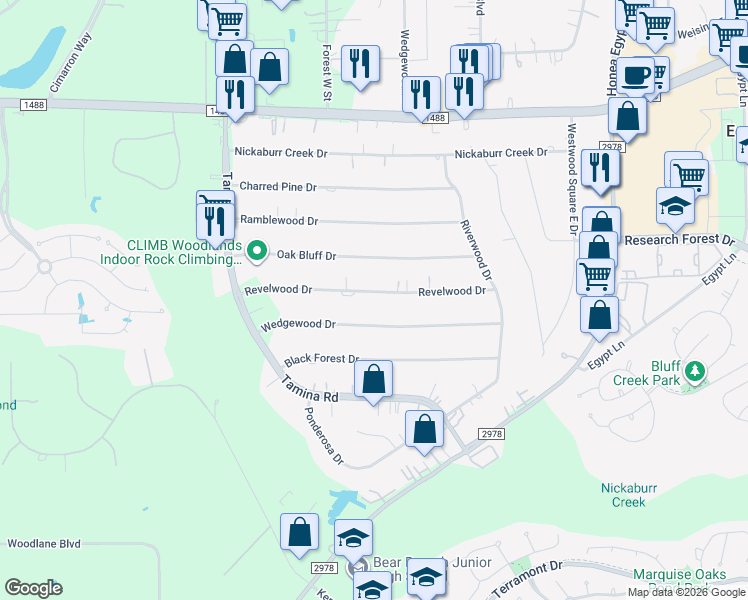 map of restaurants, bars, coffee shops, grocery stores, and more near 7219 Revelwood Drive in Magnolia