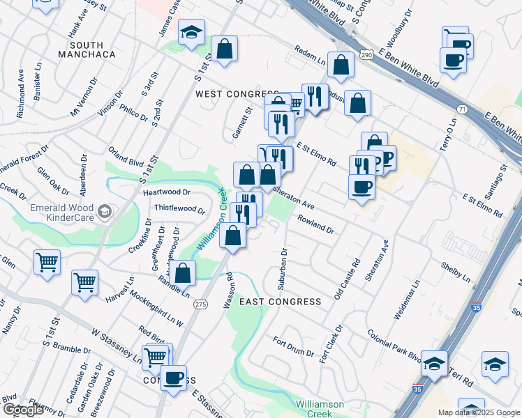 map of restaurants, bars, coffee shops, grocery stores, and more near 4715 South Congress Avenue in Austin
