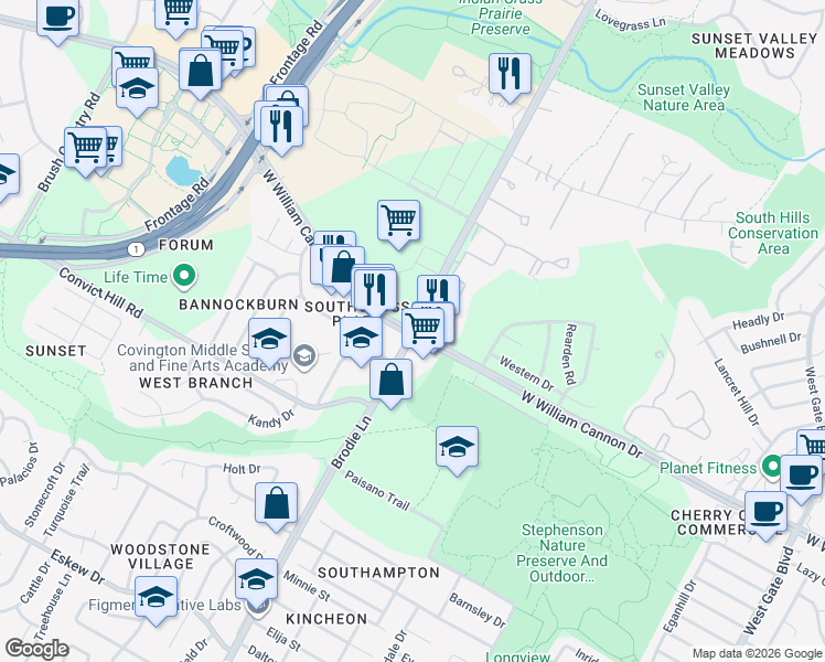 map of restaurants, bars, coffee shops, grocery stores, and more near W William Cannon Dr & Brodie Ln in Austin