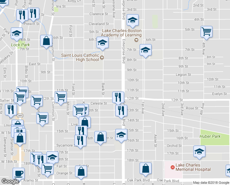 map of restaurants, bars, coffee shops, grocery stores, and more near 1033 11th Street in Lake Charles