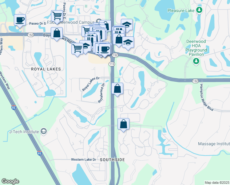 map of restaurants, bars, coffee shops, grocery stores, and more near 8420 Southside Boulevard in Jacksonville