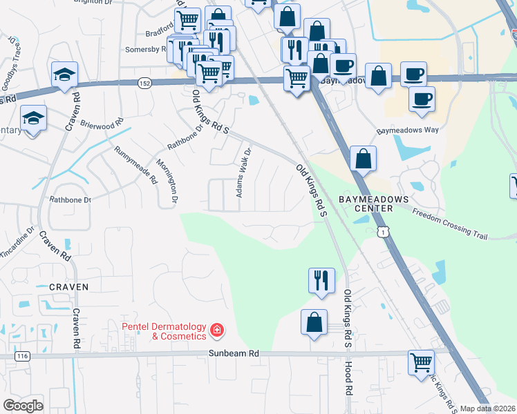 map of restaurants, bars, coffee shops, grocery stores, and more near 8982 Elizabeth Falls Drive in Jacksonville