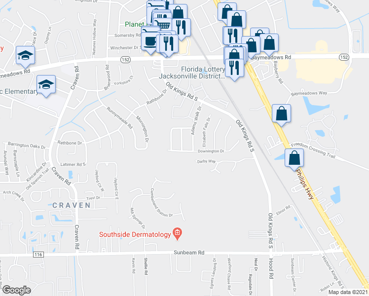 map of restaurants, bars, coffee shops, grocery stores, and more near 8979 Bensalem Drive in Jacksonville