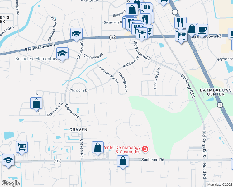 map of restaurants, bars, coffee shops, grocery stores, and more near 9140 Runnymeade Road in Jacksonville