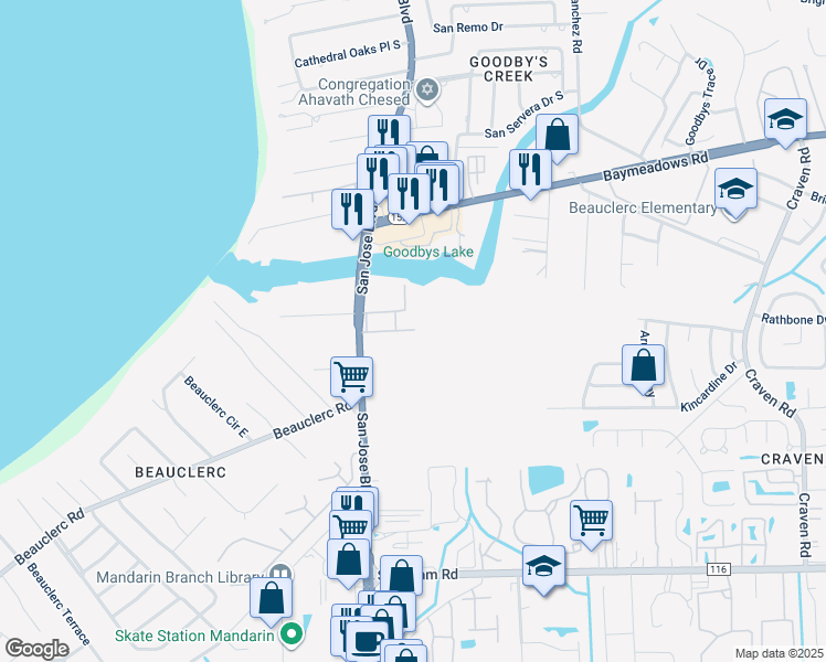 map of restaurants, bars, coffee shops, grocery stores, and more near 9047 San Jose Boulevard in Jacksonville