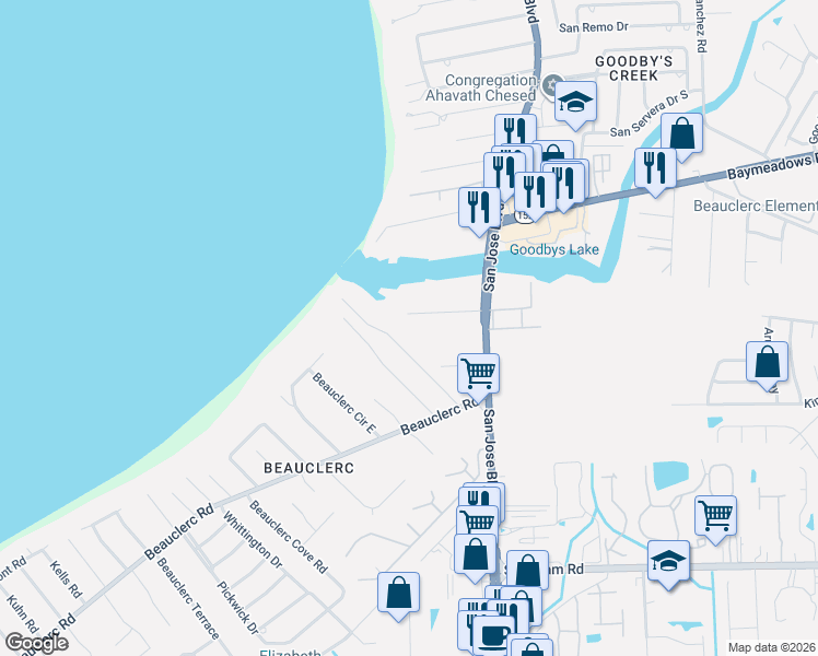 map of restaurants, bars, coffee shops, grocery stores, and more near 3645 Rubin Road in Jacksonville