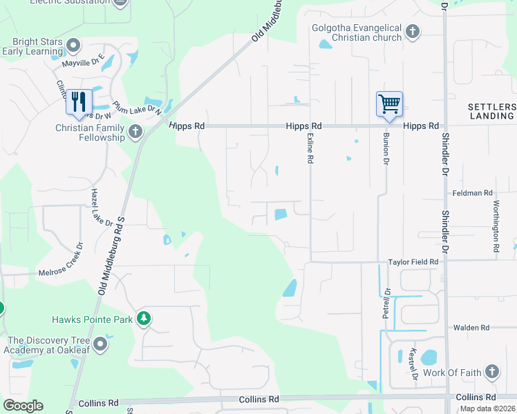 map of restaurants, bars, coffee shops, grocery stores, and more near 9191 Jennifer Lane in Jacksonville