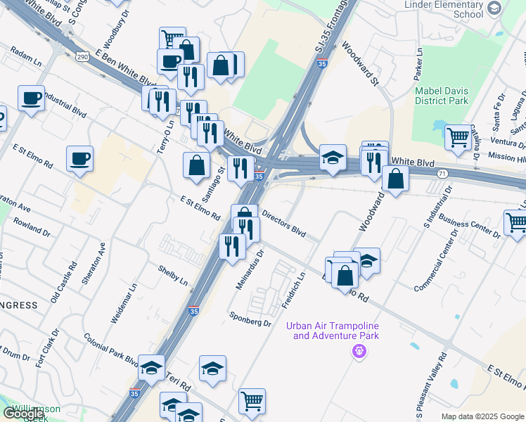 map of restaurants, bars, coffee shops, grocery stores, and more near 4133-4199 South Interstate 35 Frontage Road in Austin