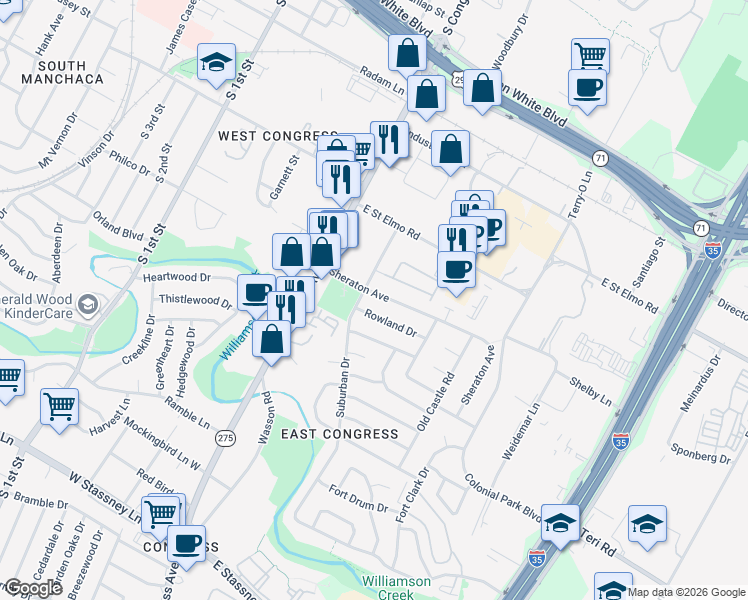 map of restaurants, bars, coffee shops, grocery stores, and more near 200 Sheraton Avenue in Austin