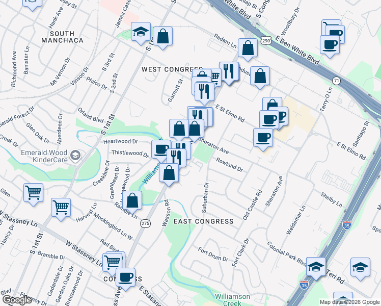 map of restaurants, bars, coffee shops, grocery stores, and more near 4715 South Congress Avenue in Austin