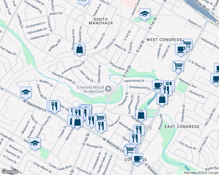 map of restaurants, bars, coffee shops, grocery stores, and more near 5000 South 1st Street in Austin