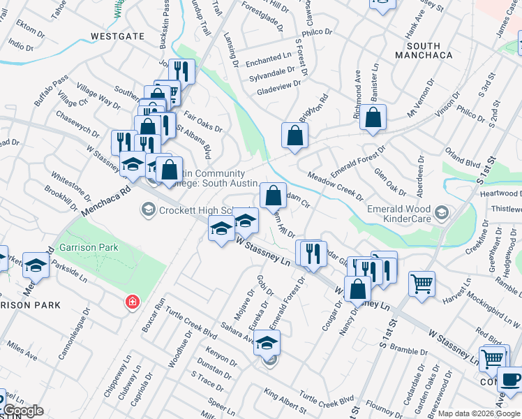 map of restaurants, bars, coffee shops, grocery stores, and more near 5400 Salem Hill Drive in Austin