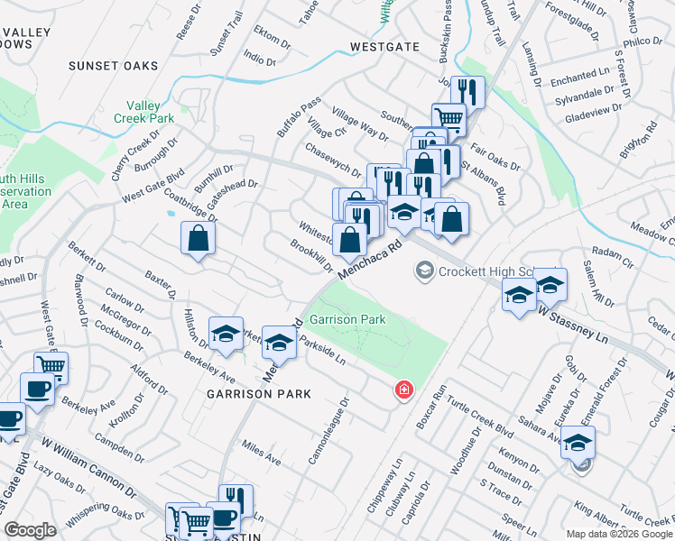 map of restaurants, bars, coffee shops, grocery stores, and more near 2100 Brookhill Drive in Austin