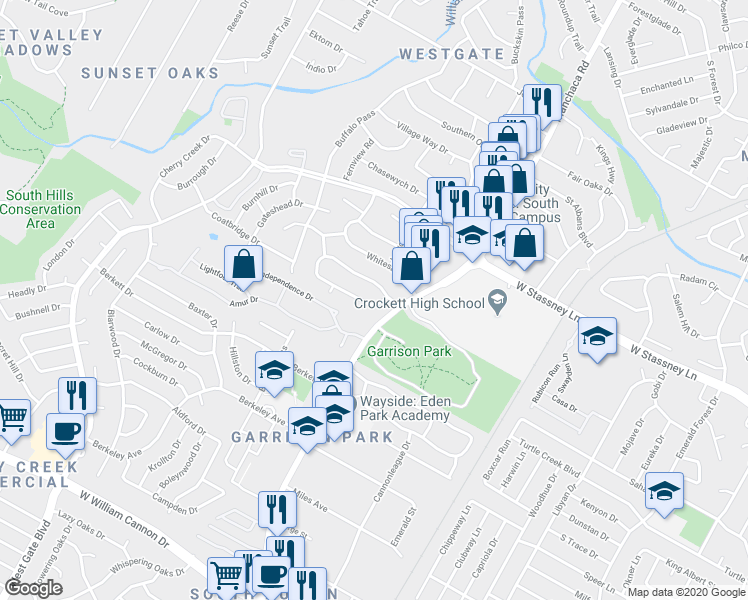 map of restaurants, bars, coffee shops, grocery stores, and more near 2100 Brookhill Drive in Austin