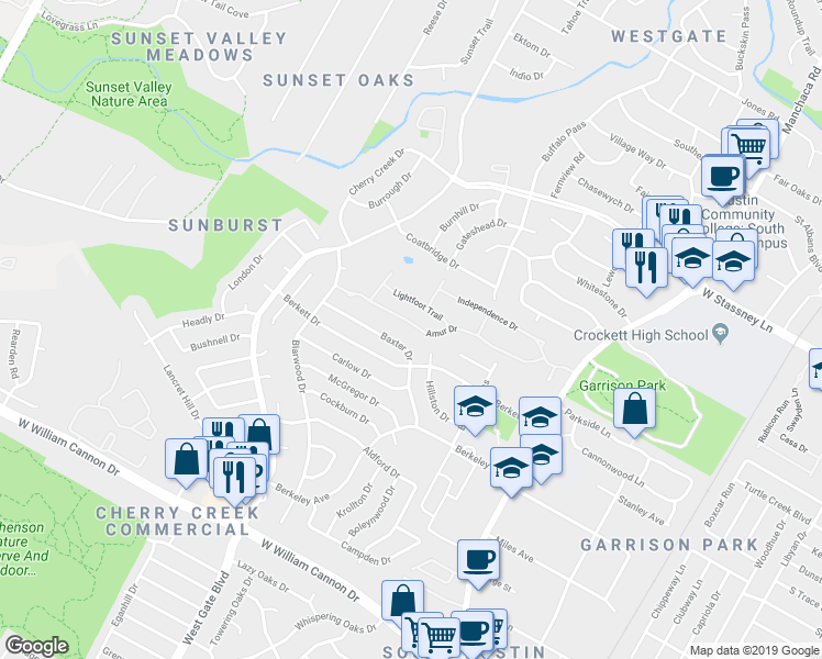map of restaurants, bars, coffee shops, grocery stores, and more near 2428 Amur Drive in Austin