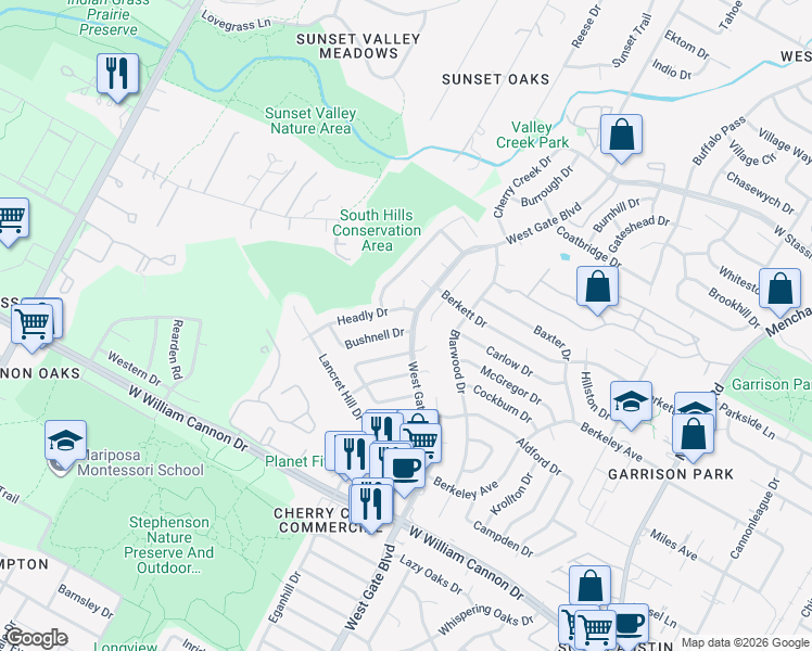 map of restaurants, bars, coffee shops, grocery stores, and more near 6305 Bexton Circle in Austin
