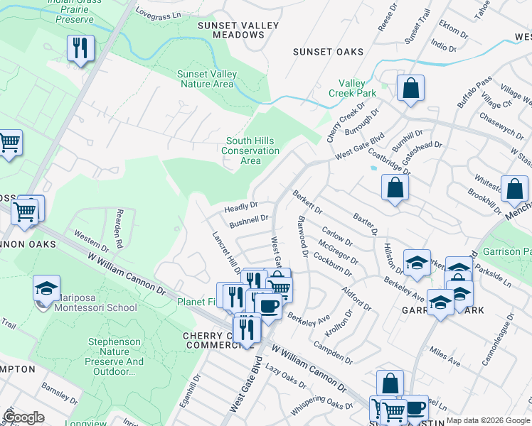 map of restaurants, bars, coffee shops, grocery stores, and more near 6305 Bexton Circle in Austin