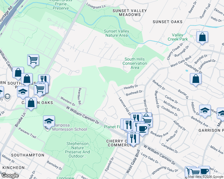 map of restaurants, bars, coffee shops, grocery stores, and more near 6507 Lancret Hill Drive in Austin
