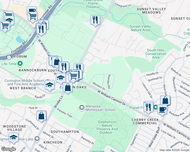 map of restaurants, bars, coffee shops, grocery stores, and more near 6804 Lost Valley in Austin