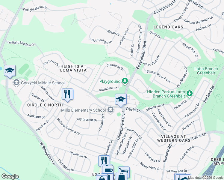 map of restaurants, bars, coffee shops, grocery stores, and more near 6316 Farmdale Lane in Austin