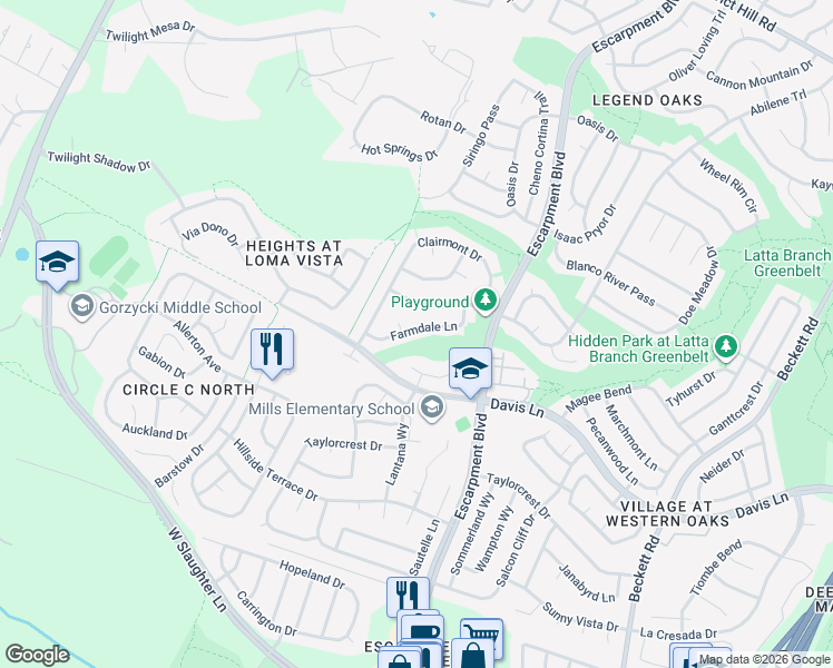 map of restaurants, bars, coffee shops, grocery stores, and more near 8701 Farmdale Cove in Austin