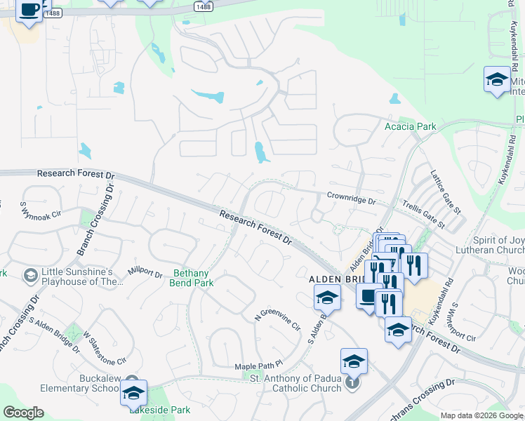map of restaurants, bars, coffee shops, grocery stores, and more near 78 North Walden Elms Circle in Spring
