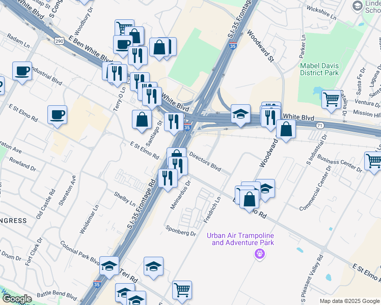 map of restaurants, bars, coffee shops, grocery stores, and more near 1701 Directors Boulevard in Austin